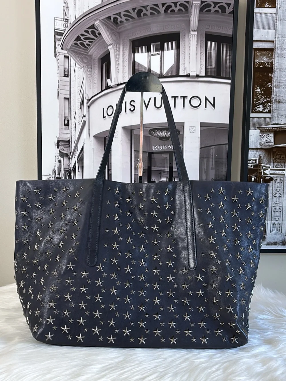 JIMMY CHOO Studded Star Leather Tote Bag - Navy Blue